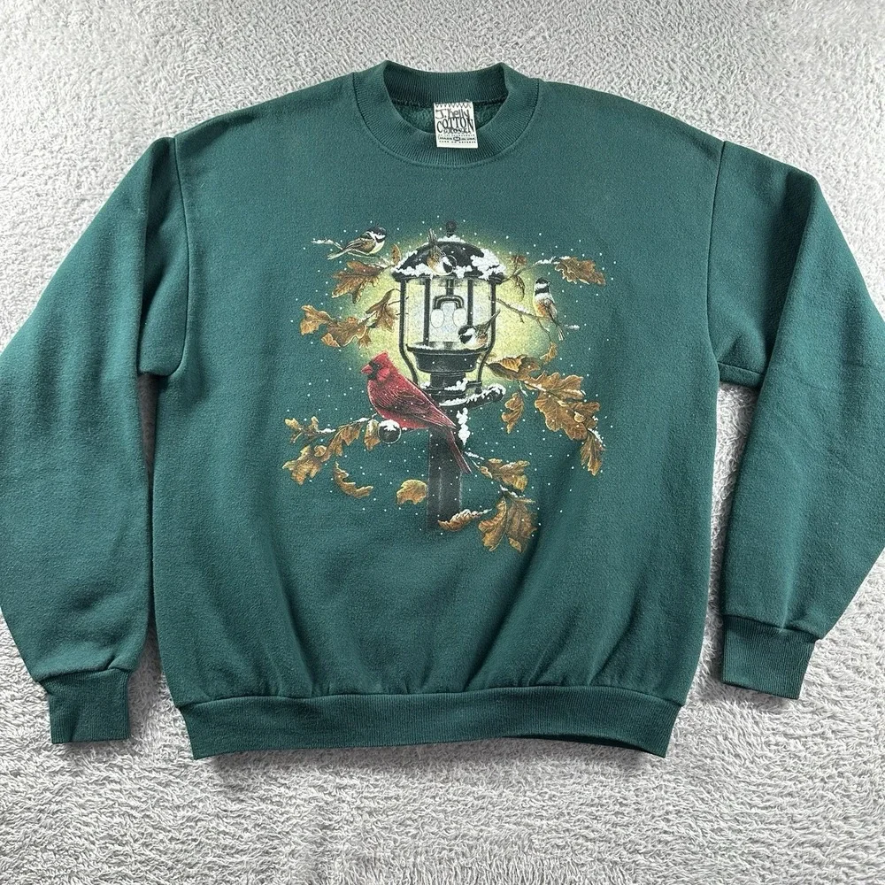 VINTAGE Nature‎ Crewneck Sweater Mens Medium Green Made in USA Cardinal Snow